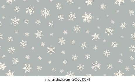 Snowflakes seamless background. Elegant pattern with hand drawn white snowflakes on light gray backdrop. Winter holidays theme, Christmas and New Year texture. Stylish repeat design for decor, print