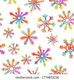 Snowflake's seamless background. Multi-colored snowflakes seamless pattern. Merry Christmas. Mixed media. Vector illustration