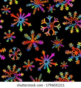 Snowflake's seamless background. Multi-colored snowflakes seamless pattern. Merry Christmas. Mixed media. Vector illustration