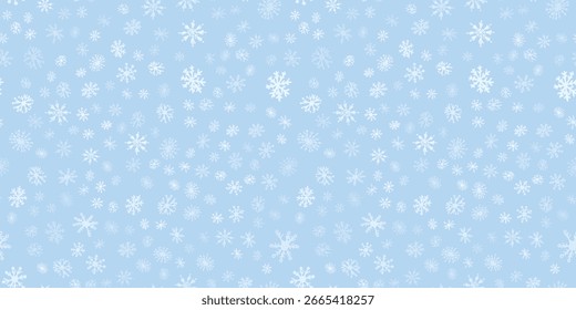 Snowflakes seamless background. Vector hand drawn pattern on blue backdrop. Winter holidays theme, Christmas and New Year texture. Elegant repeat design for decor web print. Doodle snow