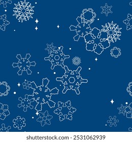 flocos de neve fundo sem costura. ilustração vetorial de queda de neve. Um padrão azul desenhado de muitos flocos de neve diferentes aleatoriamente voando. pano de fundo para saudação, convite, tecido, papel de parede, embalagem