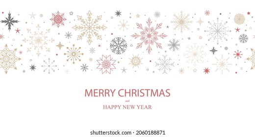 Snowflakes seamless banner. New Year's border. Christmas design. Vector illustration.