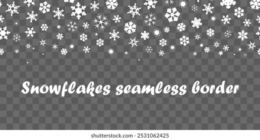snowflakes seamless border. A lot of different snowflakes randomly fall from above. isolated on a checkered background. element for background, cards, greetings, header for the website