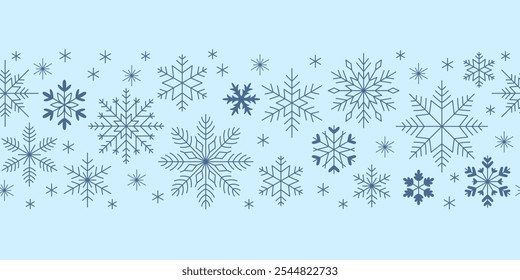 Flocos de neve com borda sem costura. Elemento para o design de Natal e Ano Novo. Flocos de neve azul geométrico de cristal. Fundo azul claro.