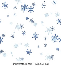 Snowflakes. Seamless Christmas Pattern with Pretty Simple Snowflakes Hand Drawn in Doodle Style. Seamless Background for Christmas Decoration, Wrapping, Paper. Vector Holiday Texture.