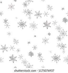 Snowflakes. Seamless Christmas Texture with Cute Childish Snowflakes Hand Drawn in Doodle Style. Seamless Background for Christmas Decoration, Print, Poster. Vector Holiday Texture.