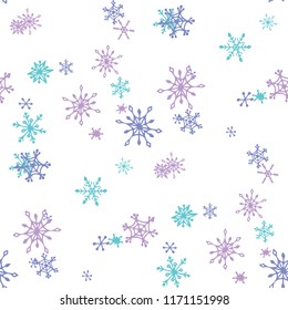 Snowflakes. Seamless Christmas Texture with Pretty Childish Snowflakes Hand Drawn in Doodle Style. Seamless Background for Christmas Decoration, Print, Poster. Vector Holiday Texture.