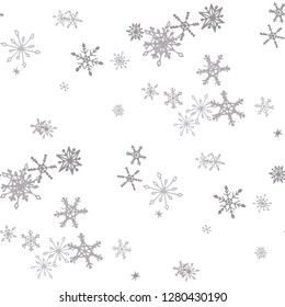 Snowflakes. Seamless Christmas Texture with Pretty Simple Snowflakes Hand Drawn in Doodle Style. Seamless Background for Christmas Decoration, Cloth, Fabric. Vector Holiday Texture.