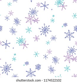 Snowflakes. Seamless Holiday Pattern with Lovely Childish Snowflakes Hand Drawn in Doodle Style. Seamless Background for Christmas Decoration, Textile, Paper. Vector Holiday Texture.