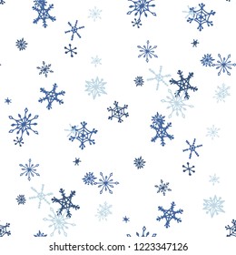 Snowflakes. Seamless Holiday Pattern with Lovely Childish Snowflakes Hand Drawn in Doodle Style. Seamless Background for Christmas Decoration, Brochure, Card. Vector Holiday Texture.