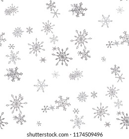 Snowflakes. Seamless Holiday Texture with Cute Simple Snowflakes Hand Drawn in Doodle Style. Seamless Background for Christmas Decoration, Brochure, Card. Vector Holiday Texture.
