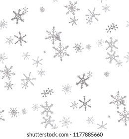 Snowflakes. Seamless Holiday Texture with Funny Simple Snowflakes Hand Drawn in Doodle Style. Seamless Background for Christmas Decoration, Cloth, Dress. Vector Holiday Texture.