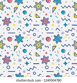 Snowflakes seamless pattern with abstract geometric shapes in Memphis style. Winter or Christmas colorful background in white, red, blue and yellow colors. Trendy retro design. Vector illustration.