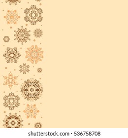 Snowflakes seamless pattern in abstract style. New Year 2017 collection. Freehand ethnic Xmas sketch on beige background with copy space. Ornamental artistic vector for Merry christmas cards.