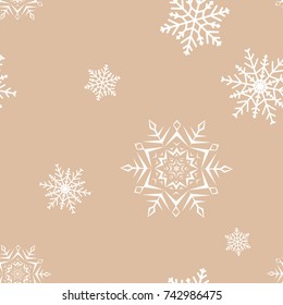 Snowflakes seamless pattern. Beige and white background with christmas elements. Vector illustration