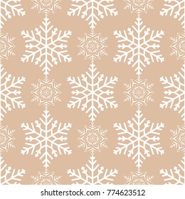 Snowflakes seamless pattern. Beige and white background with christmas elements. Vector illustration