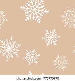 Snowflakes seamless pattern. Beige and white background with christmas elements. Vector illustration