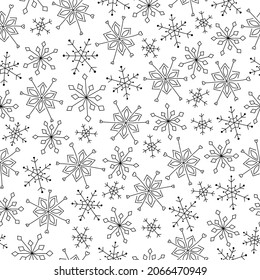 El patrón de los copos de nieve es fluido. El doodle negro hace nevadas sobre fondo blanco. Arte de línea. Fondo para el diseño invernal. Ilustración del vector