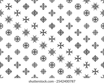 Snowflakes seamless pattern. Black silhouettes of snowflakes on a white background. Geometric snowflakes of different shapes for wallpaper, wrappers and covers. Vector illustration