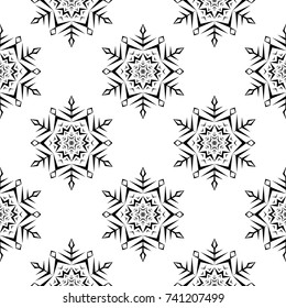 Snowflakes seamless pattern. Black and white monochrome background with christmas elements. Vector illustration
