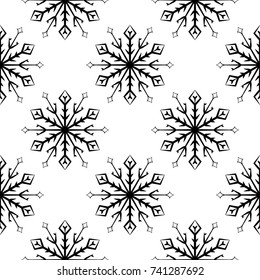 Snowflakes seamless pattern. Black and white monochrome background with christmas elements. Vector illustration