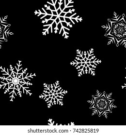 Snowflakes seamless pattern. Black and white monochrome background with christmas elements. Vector illustration