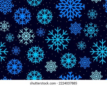 Snowflakes seamless pattern. Snowflakes of blue color on a black background. Winter background with snowflakes of different shapes and sizes. Vector illustration