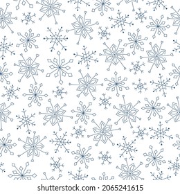 El patrón de los copos de nieve es fluido. El doodle azul serpentea sobre fondo blanco. Arte de línea. Fondo para el diseño invernal. Ilustración del vector