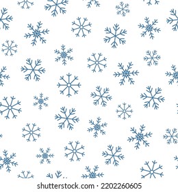 Snowflakes seamless pattern. Blue doodle snowflakes on white background. Background for winter design. Vector illustration