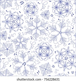 Snowflakes seamless pattern. Blue doodle elements on white background in line art style. Vector Christmas winter holiday design for greeting cards, wallpaper, wrapping paper, textile print, scrapbook.