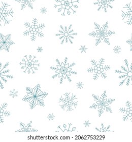 Snowflakes seamless pattern. Blue snowflakes on white background. Line art. Background for winter design. Vector illustration