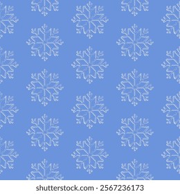 Snowflakes seamless pattern in blue on white background. Hand drawn pattern for fashion graphics (all-over print), home decor (wallpaper, tablecloths, bedclothes), wrapping paper and covering