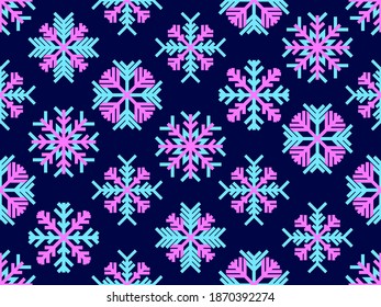 Schneeflocken nahtlose Muster, blaue und rosafarbene Farben. Frohe Weihnachten und glücklicher Neujahrshintergrund mit fallendem Schnee. Flacher Stil. Vektorgrafik