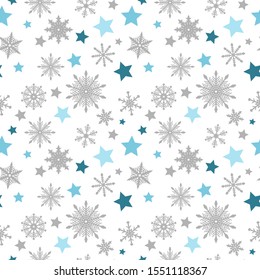 Snowflakes seamless pattern with blue stars, holiday season, christmas background, vector illustration perfect for card making, scrapbooking, printing, poster template