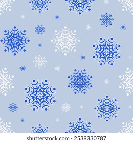 Snowflakes seamless pattern. Blue and white design elements on gray background. Vector illustration for Christmas design, wallpaper, banner, textile, wrapping paper.