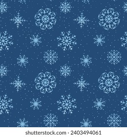 Snowflakes Seamless patrón, Blue Winter fondo. Ilustración del vector con estilo dibujado a mano