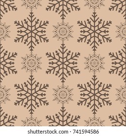 Snowflakes seamless pattern. Brown and beige background with christmas elements. Vector illustration