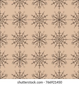 Snowflakes seamless pattern. Brown and beige background with christmas elements. Vector illustration