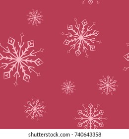 Snowflakes seamless pattern. Cherry red background with christmas elements. Vector illustration