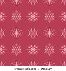 Snowflakes seamless pattern. Cherry red background with christmas elements. Vector illustration