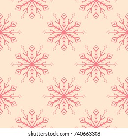 Snowflakes seamless pattern. Cherry red background with christmas elements. Vector illustration