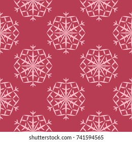Snowflakes seamless pattern. Cherry red background with christmas elements. Vector illustration