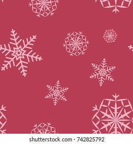 Snowflakes seamless pattern. Cherry red background with christmas elements. Vector illustration