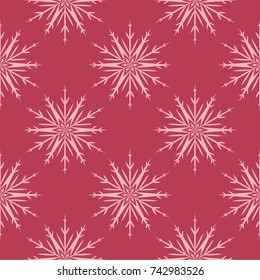 Snowflakes seamless pattern. Cherry red background with christmas elements. Vector illustration