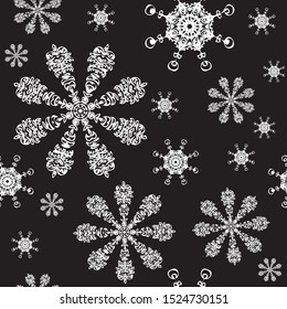 Snowflakes seamless pattern Christmas abstract background made of white snowflakes on black. Design postcards, posters, greeting for the new year Flat style snow  Nice fabric, textile, wrapping paper