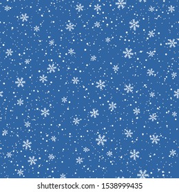 Snowflakes seamless pattern. Christmas blue background. Snowfall repeat backdrop. Winter snow flake falling flat design. Snowy simple chaotic texture. Blizzard sky template. Vector illustration