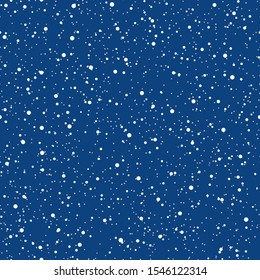 Snowflakes seamless pattern. Christmas blue background. Snowfall repeat backdrop. Winter snow flake falling flat design. Snowy simple chaotic texture. Blizzard sky template. Vector illustration