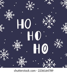 Snowflakes seamless pattern. Christmas blue background with inscription ho ho ho. Snowfall repeat backdrop. Winter snow flake falling flat design.