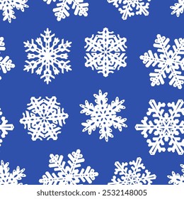 Snowflakes Seamless Pattern. Christmas hand drawn white snow print on blue background. For print, wrapping paper, design, fabric, decor, gift, backgrounds.