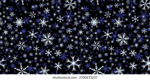 Snowflakes seamless pattern for Christmas holidays. Xmas snowflake ornament for winter holidays greeting card or wrapper. Christmas snowfall texture.